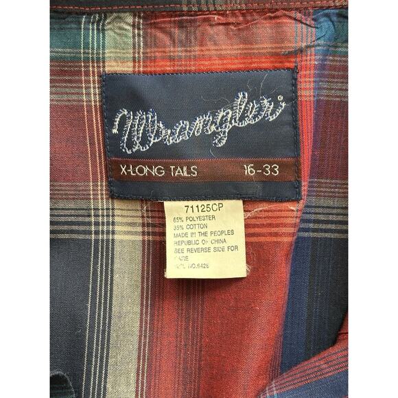 VTG Wrangler Western Plaid Cowboy Rodeo Pearl Snap Shirt Mens 16-33 X-Long Tails - Picture 4 of 11